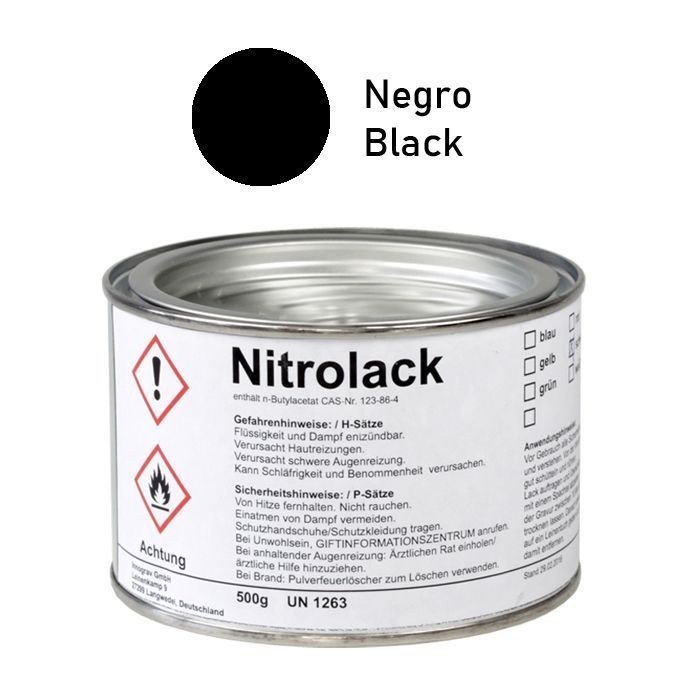abrelatas Muy enojado Desmañado Pintura negra brillante para grabado Nitrolack 500 g.
